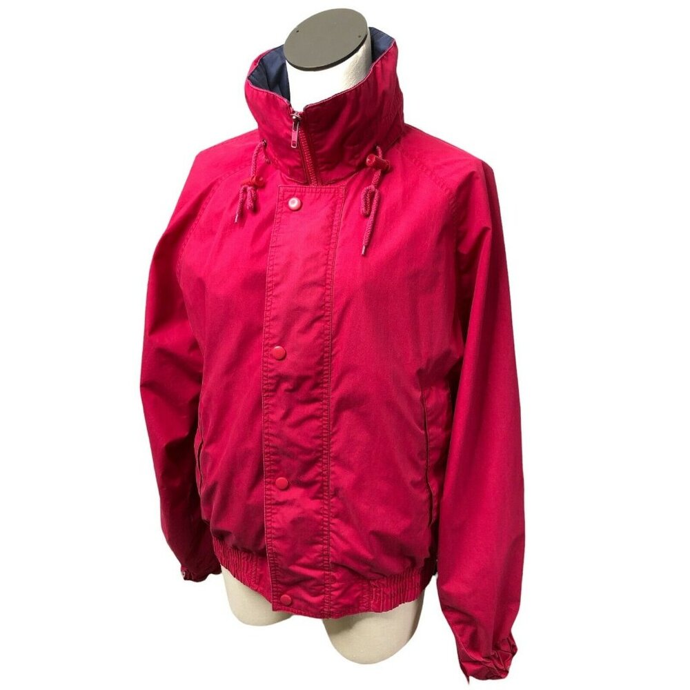 Lands End Jacket Coat Womens Medium Pink Cranberry Hidden Hood Windbreaker Elast